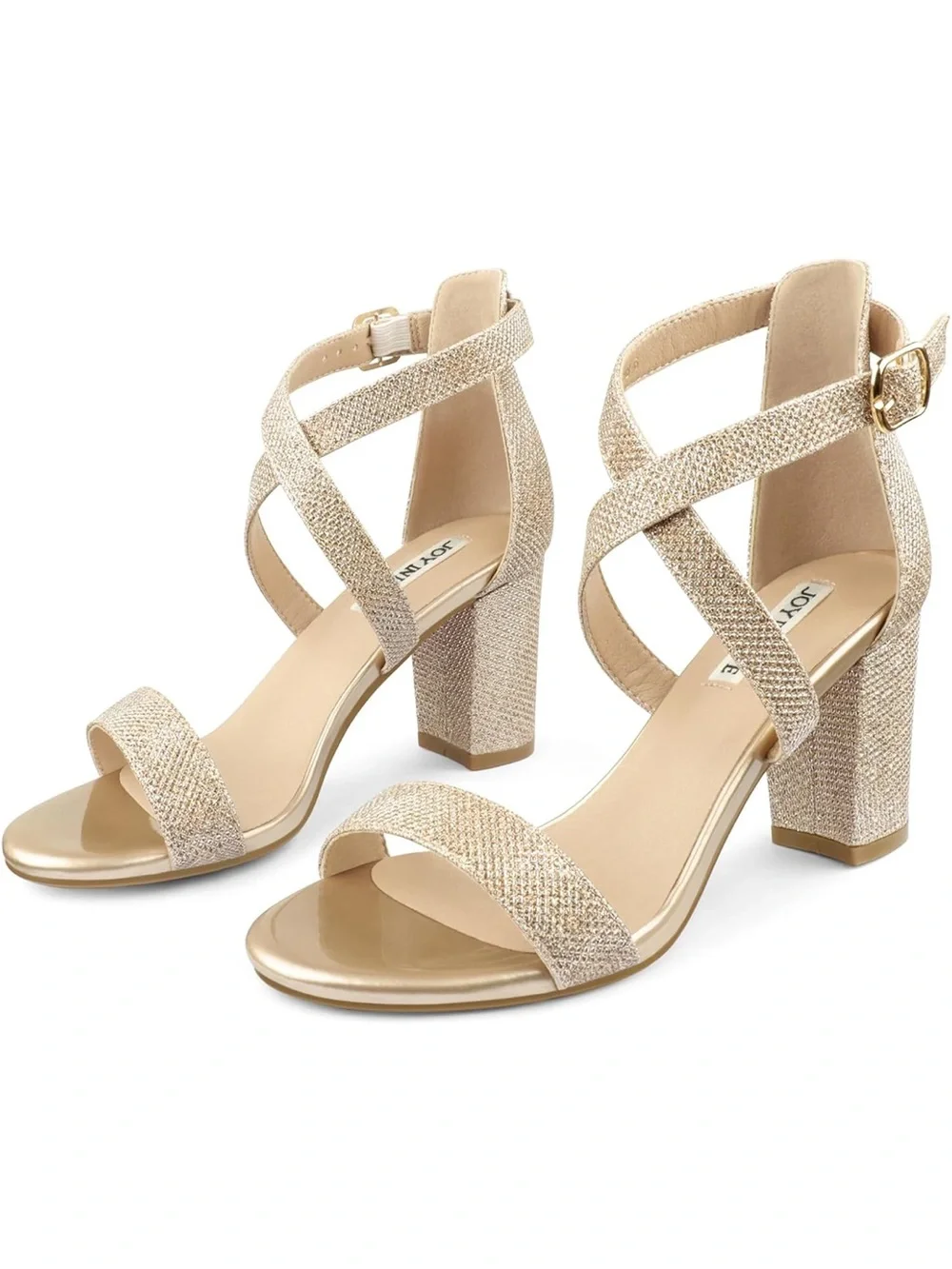 Sparkling Gold Crisscross Block Heel Sandal - Women's Dress Shoe